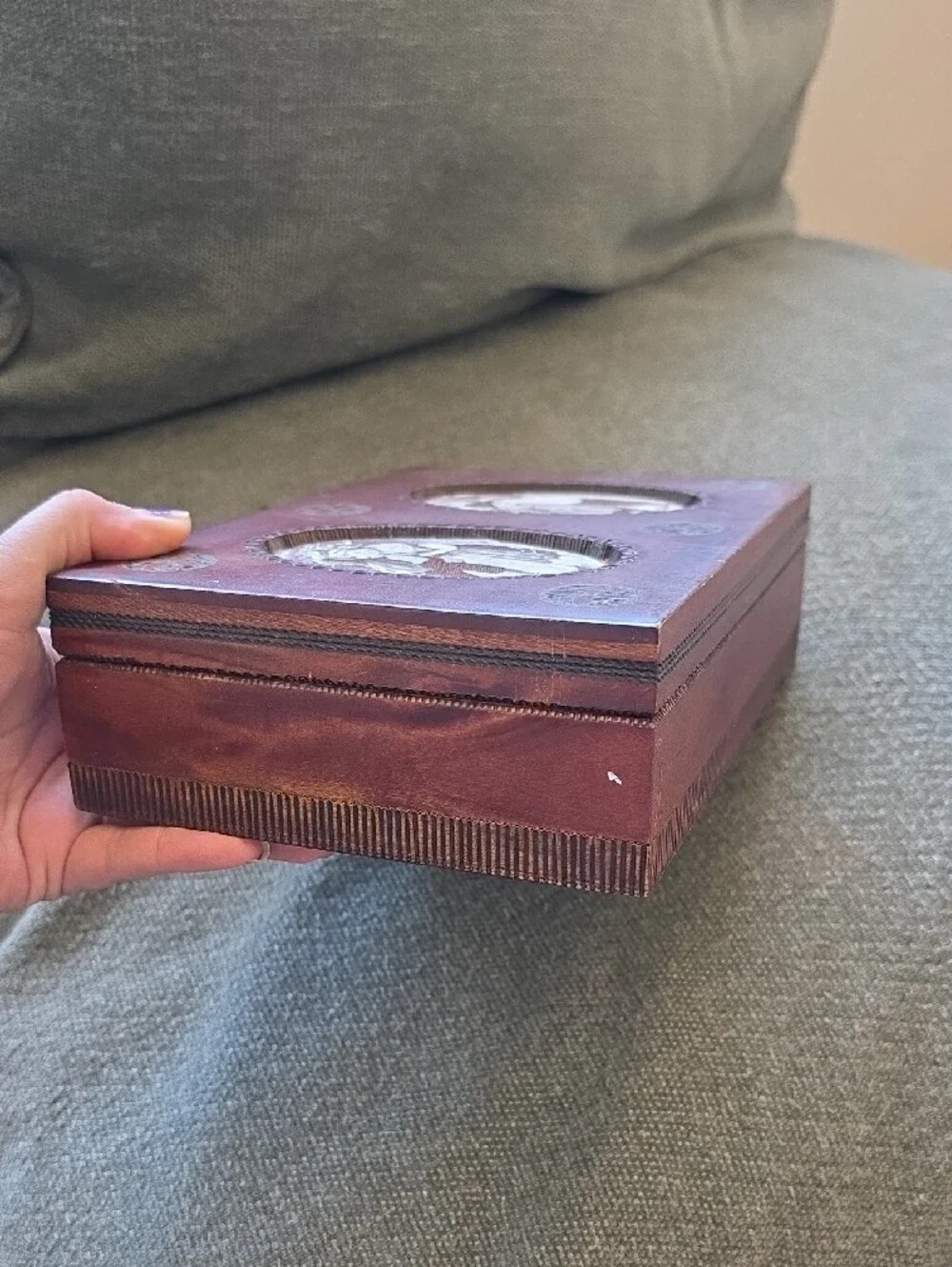 Vintage Polish Brown Wooden Trinket Box with Silk Print Insets